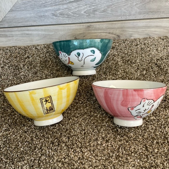 Porcelain Chinese Rice Three Bowl HAPPY FAT CAT THEME 4.5 In - Picture 2 of 6